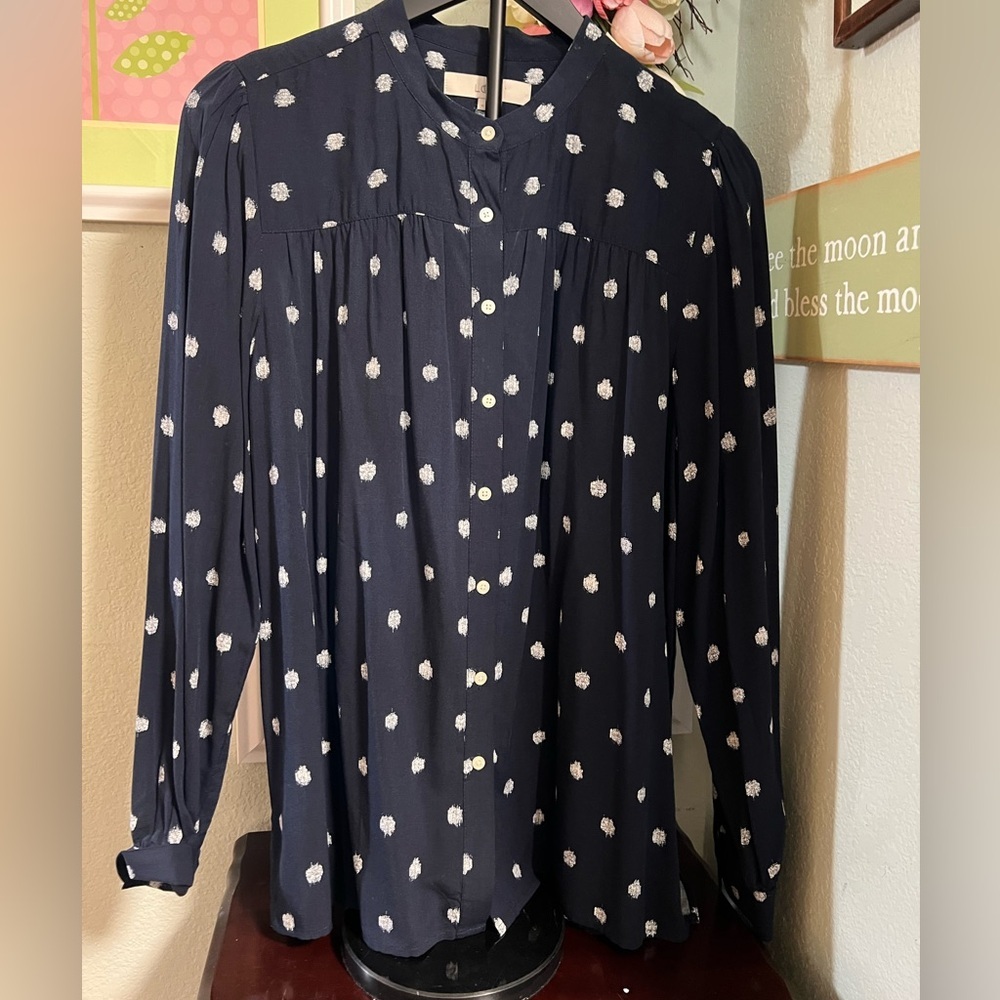 LOFT Navy Blue Polka Dot Blouse